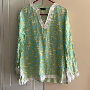 Lands' End Green Blue Tunic Blouse Shirt 100 Percent‎ Linen